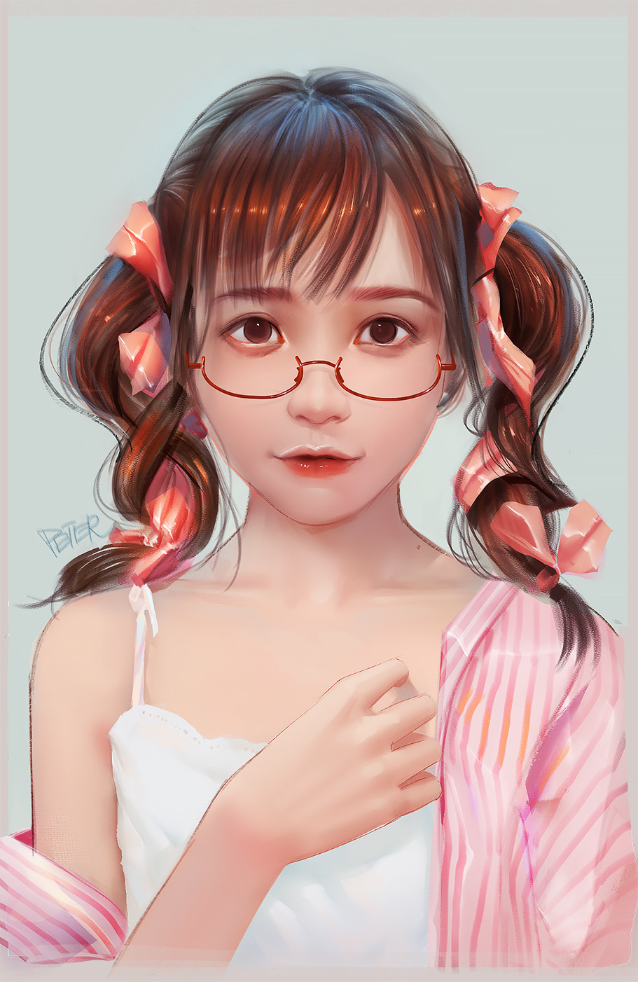 1girl artist_name bangs bespectacled breasts brown_eyes collarbone copyright_request eyebrows_visible_through_hair glasses grey_background hair_ribbon highres long_sleeves looking_at_viewer multicolored_shirt orange_ribbon parted_lips peter_xiao redhead ribbon shirt short_hair side_ponytail solo striped striped_shirt undressing