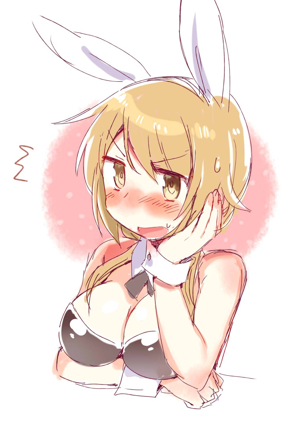 1girl angry animal_ears arm_under_breasts blonde_hair blush bow bowtie breasts bunnysuit detached_collar eyebrows_visible_through_hair fake_animal_ears hair_over_shoulder hand_on_head highres ichii_yui low_twintails open_mouth rabbit_ears short_hair simple_background solo sweatdrop tatsunokosso twintails upper_body wrist_cuffs yellow_eyes yuyushiki