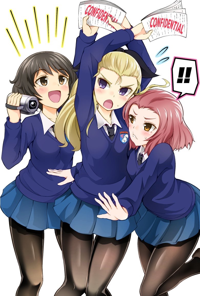 ! !! 3girls :d :t akiyama_yukari alternate_costume arm_up arms_up assam bangs black_legwear black_neckwear black_ribbon blonde_hair blue_eyes blue_skirt blue_sweater brown_eyes brown_hair closed_mouth cowboy_shot dress_shirt emblem english eyebrows_visible_through_hair flying_sweatdrops frown girls_und_panzer hair_pulled_back hair_ribbon holding keep-away kuku123 leaning_forward leg_up long_hair long_sleeves looking_at_another looking_back messy_hair miniskirt multiple_girls necktie notice_lines open_mouth pantyhose paper parted_bangs pleated_skirt redhead ribbon rosehip school_uniform shirt short_hair simple_background skirt smile sparkling_eyes spoken_exclamation_mark spy st._gloriana's_(emblem) st._gloriana's_school_uniform standing standing_on_one_leg sweatdrop sweater v-neck v-shaped_eyebrows video_camera white_background white_shirt wing_collar