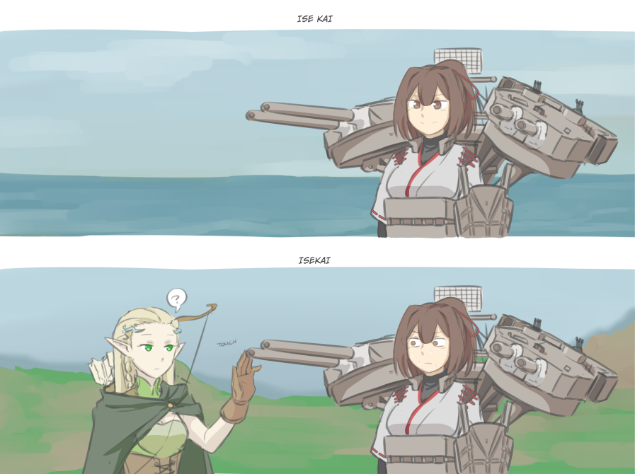 2girls blonde_hair bow_(weapon) breasts brown_eyes brown_hair cape corset elf gloves green_eyes ise_(kantai_collection) kantai_collection medium_breasts multiple_girls pointy_ears pun quiver rigging short_hair takumoto turret weapon
