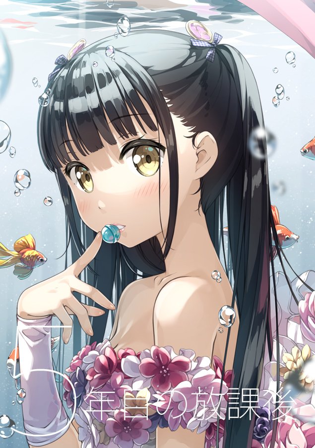 1girl air_bubble bare_shoulders black_hair breasts bubble candy cleavage commentary_request eyebrows_visible_through_hair fish flower food from_side goldfish index_finger_raised kantoku long_hair looking_at_viewer looking_to_the_side medium_breasts original parted_lips red_flower solo twintails underwater wristband