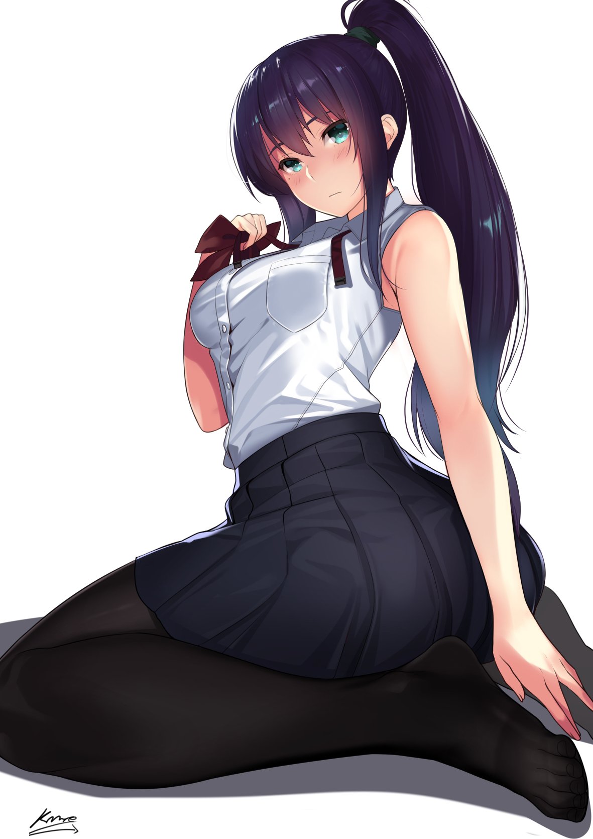 1girl black_legwear black_skirt blush breasts commentary_request green_eyes highres kagematsuri large_breasts looking_at_viewer mole mole_under_eye no_shoes original pantyhose pleated_skirt purple_hair shirt side_ponytail sitting skirt sleeveless sleeveless_shirt solo toes wariza