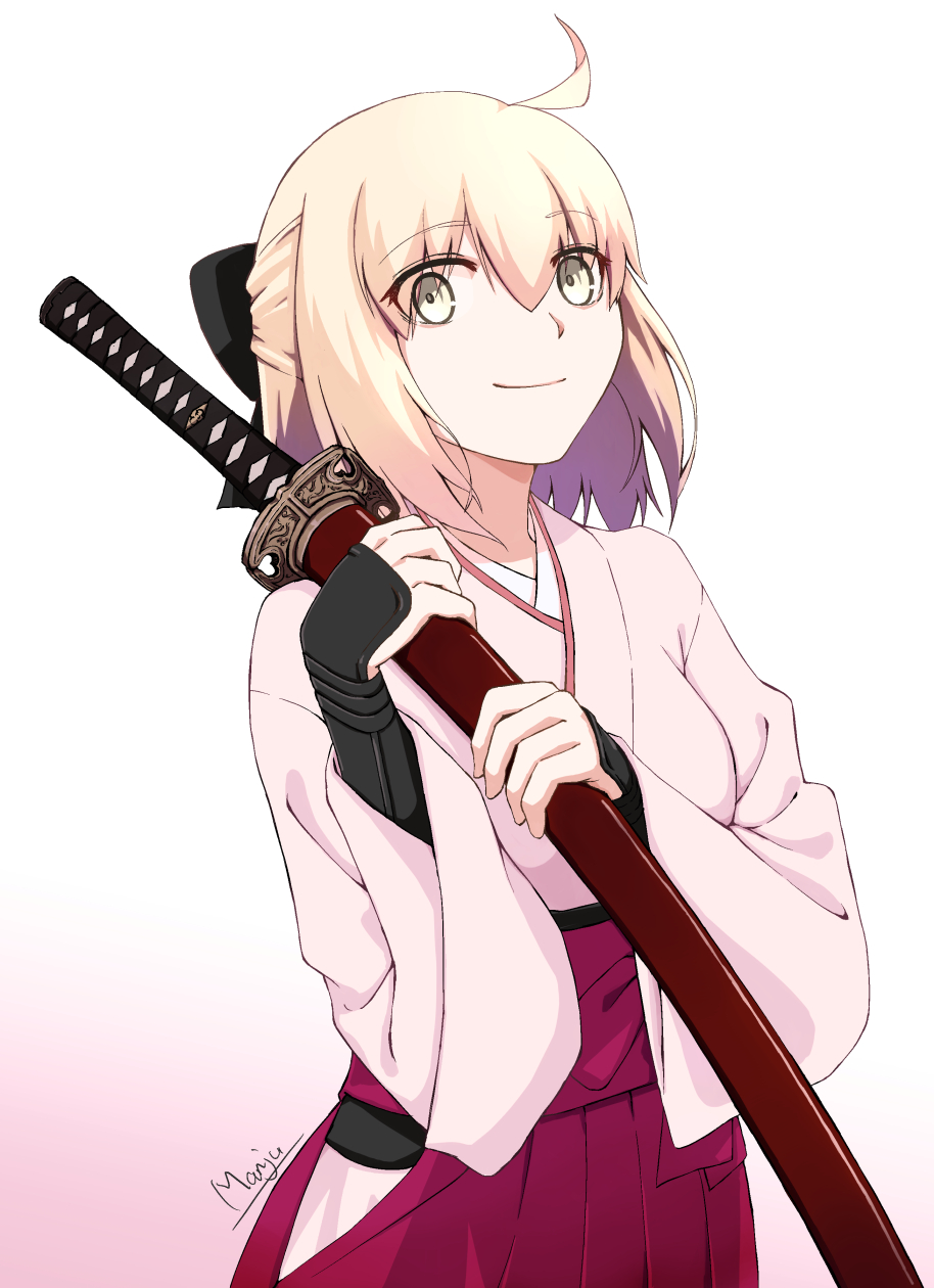 1girl bangs black_bow blonde_hair bow eyebrows_visible_through_hair fate/grand_order fate_(series) hair_between_eyes hair_bow hakama highres holding holding_sheath japanese_clothes kanokishi_(manjushage) katana kimono okita_souji_(fate) pink_kimono red_hakama sheath short_hair signature simple_background smile solo standing sword weapon white_background yellow_eyes