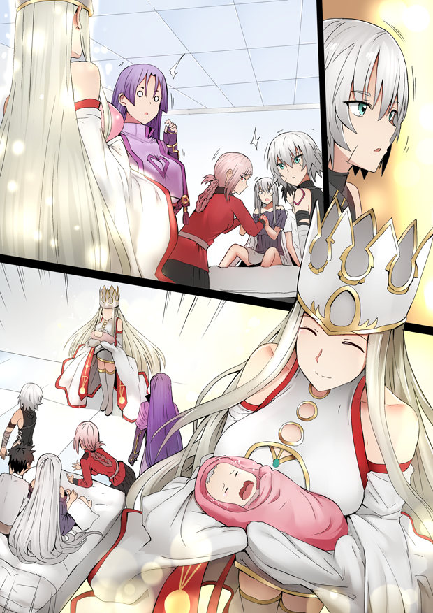 baby bare_shoulders blonde_hair comic commentary crown dress_of_heaven emphasis_lines fate/grand_order fate_(series) florence_nightingale_(fate/grand_order) fujimaru_ritsuka_(male) ginhaha holding holding_baby irisviel_von_einzbern jack_the_ripper_(fate/apocrypha) jeanne_d'arc_(alter)_(fate) jeanne_d'arc_(fate)_(all) minamoto_no_raikou_(fate/grand_order) pink_hair purple_hair silent_comic silver_hair sparkle