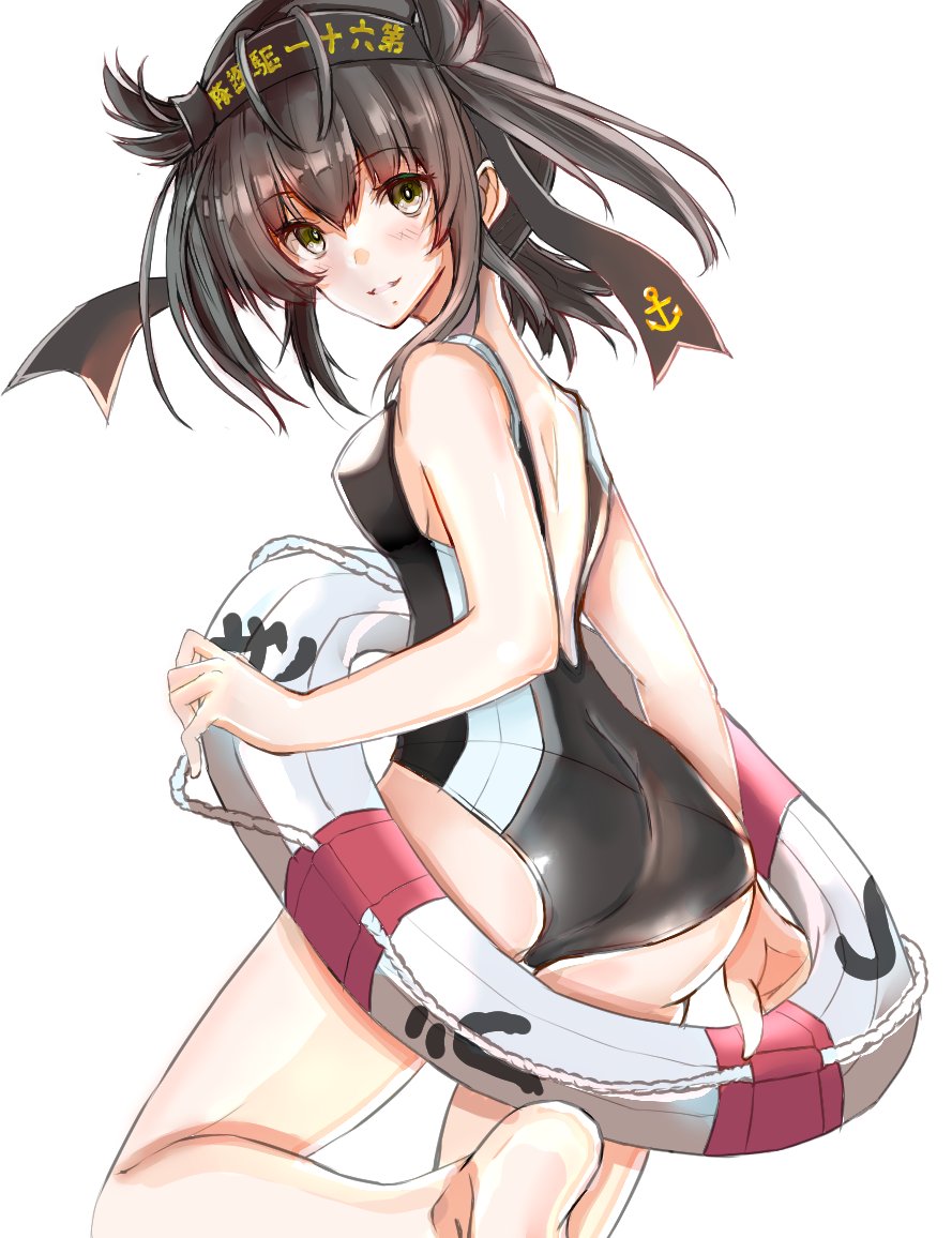 1girl ass black_hair blush breasts closed_mouth eriyama_e eyebrows_visible_through_hair green_eyes hair_between_eyes hair_ornament hatsuzuki_(kantai_collection) headband kantai_collection lifebuoy long_hair looking_at_viewer simple_background small_breasts swimsuit underwear undressing white_background