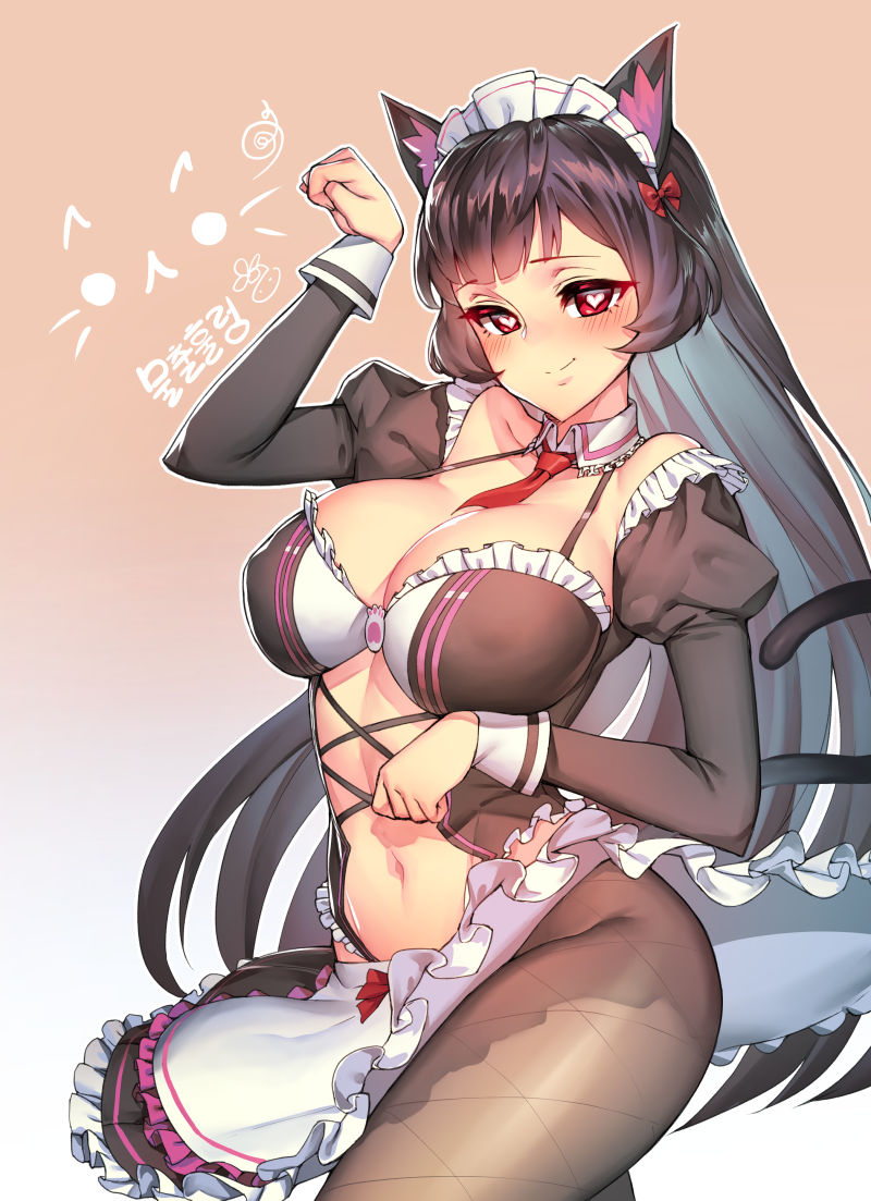 1girl animal_ears black_hair bow breasts cat_ears collarbone fishnets gradient gradient_background hair_bow heart heart-shaped_pupils iris_yuma korean large_breasts long_hair looking_at_viewer maid maid_headdress navel necktie orange_background paw_pose red_bow red_eyes smile solo soul_worker suerte symbol-shaped_pupils thighs translation_request