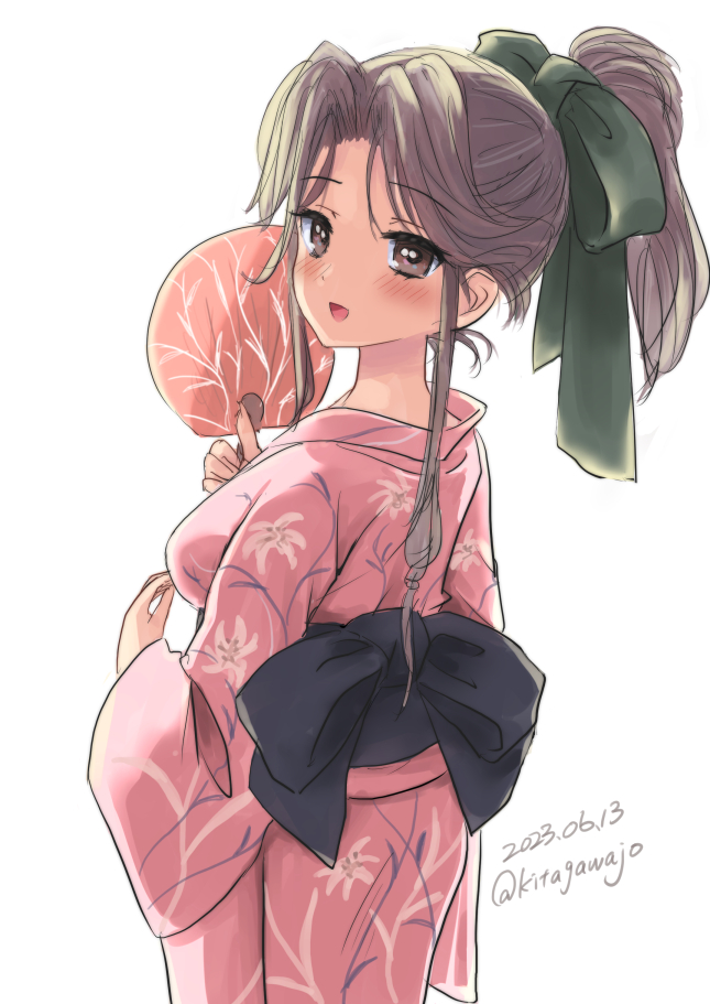 1girl brown_eyes brown_hair dated from_behind green_ribbon hair_intakes hand_fan japanese_clothes jintsuu_(kancolle) kantai_collection kimono kitagawa_mikio long_hair looking_at_viewer looking_back obi official_alternate_costume one-hour_drawing_challenge paper_fan pink_kimono ponytail ribbon sash simple_background solo twitter_username uchiwa white_background