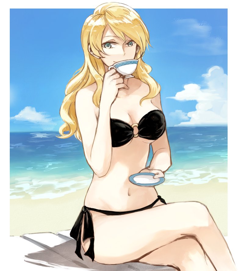 1girl bangs beach bikini black_bikini breasts closed_mouth clouds cloudy_sky commentary cup darjeeling day drinking girls_und_panzer hair_down holding holding_cup holding_saucer legs_crossed long_hair looking_at_viewer medium_breasts o-ring_bikini ocean outdoors outside_border saucer side-tie_bikini sitting sky smile solo strapless strapless_bikini swept_bangs swimsuit teacup yuuyu_(777)