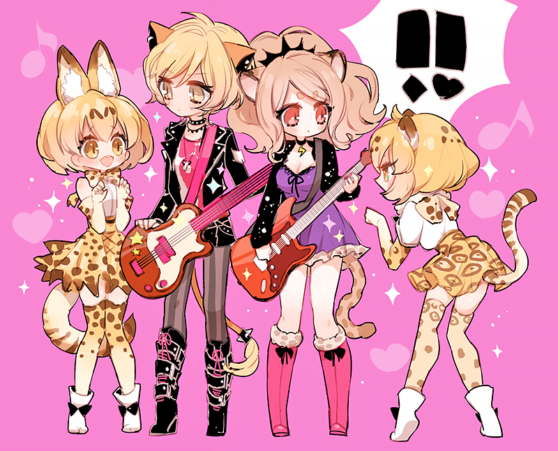 !! 4girls :d animal_ears big_hair black_choker black_footwear black_jacket blonde_hair boots bow bowtie cheety_(show_by_rock!!) chino_machiko choker crossover elbow_gloves gloves guitar heart high-waist_skirt holding holding_instrument instrument jacket jaguar_(kemono_friends) kemono_friends laina_(show_by_rock!!) long_sleeves multiple_girls musical_note open_mouth orange_skirt pantyhose paw_pose pink_background pink_footwear pink_shirt serval_(kemono_friends) serval_ears serval_print serval_tail shirt shoes short_hair short_sleeves show_by_rock!! skirt smile sparkle standing striped striped_legwear tail thigh-highs white_footwear zettai_ryouiki