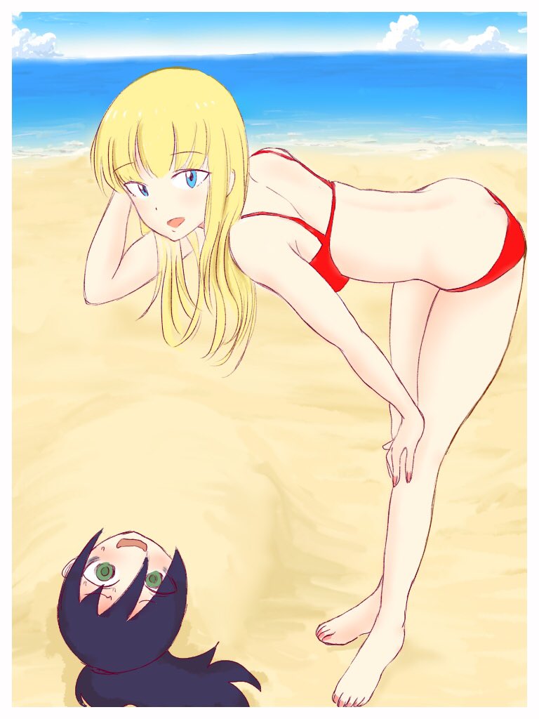 beach bikini blonde_hair blue_eyes blush green_eyes kajino_(aosansai) katou_asuka kuroki_tomoko leaning_forward long_hair smile swimsuit watashi_ga_motenai_no_wa_dou_kangaetemo_omaera_ga_warui!