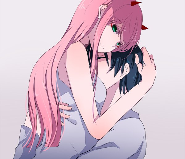 1boy 1girl bangs black_hair breasts closed_eyes commentary_request couple darling_in_the_franxx dress eyebrows_visible_through_hair green_eyes grey_dress grey_shirt hand_on_another's_back hand_on_another's_head hetero hiro_(darling_in_the_franxx) horns hug long_hair lvl_lul medium_breasts oni_horns pink_hair red_horns shirt short_hair sleeveless sleeveless_dress zero_two_(darling_in_the_franxx)