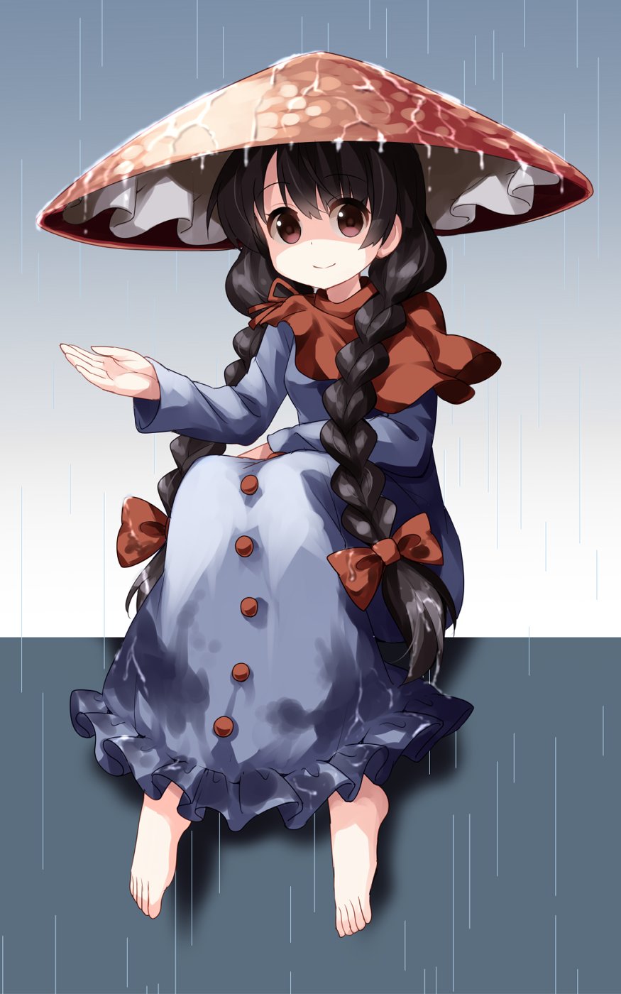 1girl bangs barefoot black_hair blue_background blue_dress braid breasts brown_eyes buttons closed_mouth commentary dress eyebrows_visible_through_hair frilled_dress frills full_body gradient gradient_background hand_on_own_knee hat highres jizou large_hat long_braids long_hair long_sleeves looking_at_viewer outstretched_hand rain ribbon rice_hat ruu_(tksymkw) sitting small_breasts smile solo touhou twin_braids wet wet_clothes wet_dress wet_hair wet_hat yatadera_narumi