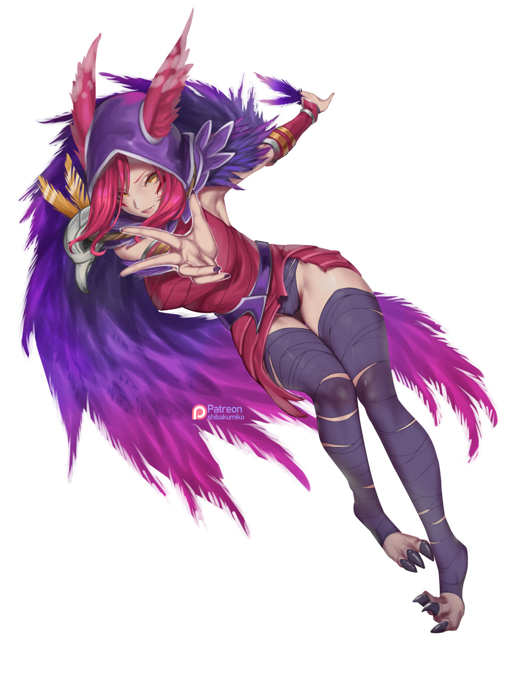 1girl armpits bandage bandaged_leg breasts dress feather_trim full_body highres hood kumiko_shiba league_of_legends looking_at_viewer outstretched_arm pink_hair red_dress solo talons thigh_gap white_background xayah yellow_eyes