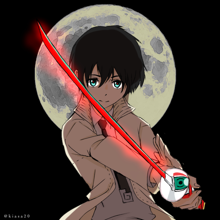 1boy bangs black_hair blue_eyes collared_shirt commentary_request darling_in_the_franxx grey_shirt hiro_(darling_in_the_franxx) holding holding_sword holding_weapon jacket kiasa20 looking_at_viewer male_focus moon necktie objectification open_clothes open_jacket parody shirt short_hair signature solo soul_eater sword weapon white_jacket white_neckwear wing_collar zero_two_(darling_in_the_franxx)