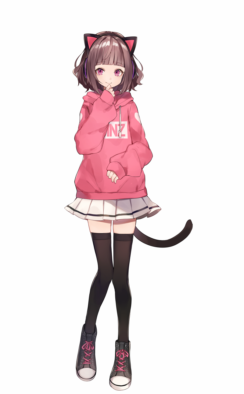 1girl animal_ears bangs black_footwear black_hair black_legwear blunt_bangs cat_ear_headphones cat_tail clothes_writing drawstring fake_animal_ears full_body headphones highres hood hood_down kmnz_liz kmnz_liz_(character) long_sleeves looking_at_viewer miniskirt pink_hoodie pleated_skirt shoes short_hair shugao simple_background skirt sleeves_past_wrists smile sneakers solo tail thigh-highs violet_eyes virtual_youtuber white_background white_skirt