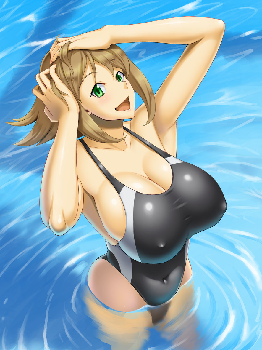 1girl arms_up bare_shoulders blush breasts brown_hair cleavage commentary_request competition_swimsuit covered_navel erect_nipples eyebrows_visible_through_hair green_eyes hands_in_hair huge_breasts kantai_collection kawanuma_uotsuri looking_at_viewer mutsu_(kantai_collection) one-piece_swimsuit open_mouth outdoors partially_submerged shiny shiny_hair shiny_skin short_hair solo standing swimsuit wading water