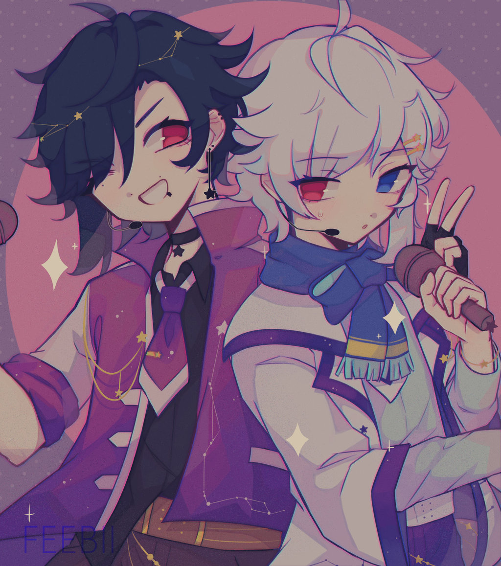 2boys bishounen black_hair blue_eyes blush earrings ferocious-bite grin hair_ornament heterochromia idol jewelry microphone multiple_boys necktie one_eye_closed original red_eyes scarf short_hair shy smile white_hair