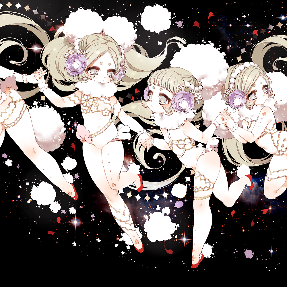 4girls bangs black_background blonde_hair blunt_bangs chino_machiko closed_mouth dress floating_hair flower grey_eyes hair_flower hair_ornament heart holding_hand interlocked_fingers multiple_girls navel original purple_flower red_footwear shoes sparkle standing standing_on_one_leg twintails white_dress wristband