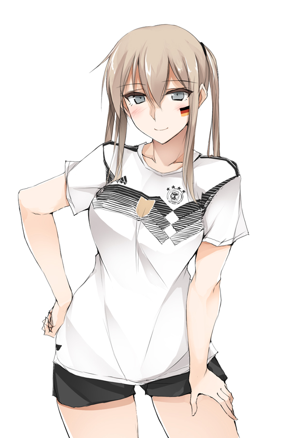 1girl 2018_fifa_world_cup blonde_hair breasts collarbone cowboy_shot facepaint german_flag germany graf_zeppelin_(kantai_collection) grey_eyes hair_between_eyes hand_on_hip high_ponytail kantai_collection short_shorts shorts sidelocks soccer soccer_uniform solo sportswear standing twintails white_background world_cup zekkyon