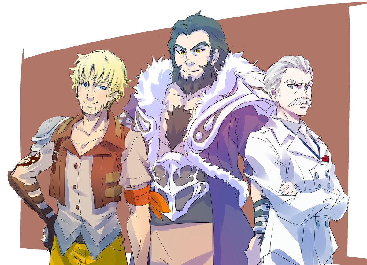 3boys asymmetrical_sleeves beard black_hair blonde_hair chest_hair commentary_request crossed_arms facial_hair father's_day ghira_belladonna iesupa jacques_schnee multiple_boys mustache rwby stubble taiyang_xiao_long white_hair