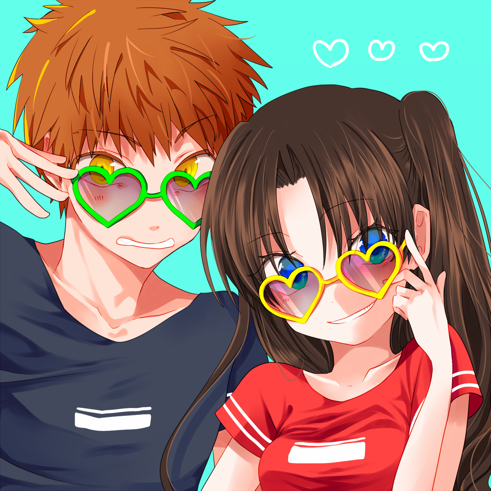 1boy 1girl black_hair black_shirt blue_background blush couple emiya_shirou fate/stay_night fate/stay_night_unlimited_blade_works fate_(series) grin heart heart-shaped_eyewear kino_hazuki long_hair looking_at_viewer love orange_eyes orange_hair red_shirt short_hair summer sunglasses tohsaka_rin twintails