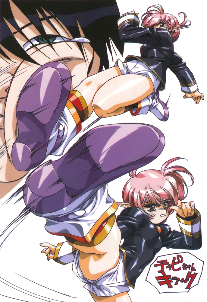 1boy 1girl grin growlanser growlanser_i high_kick jump_kick kicking long_sleeves multiple_views official_art panties panty_peek pink_hair pointy_ears red_eyes shiny shiny_clothes short_hair short_shorts shorts simple_background smile tippi_(growlanser) underwear urushihara_satoshi white_background