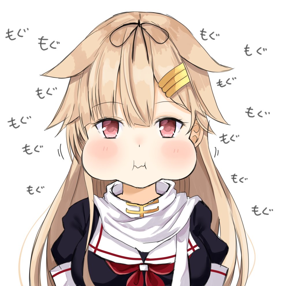 1girl blonde_hair blush commentary_request hair_flaps hair_ornament hair_ribbon hairclip kantai_collection long_hair looking_at_viewer neckerchief noeru_(gt17854) puffed_cheeks red_eyes remodel_(kantai_collection) ribbon sailor_collar scarf simple_background solo upper_body white_background yuudachi_(kantai_collection)