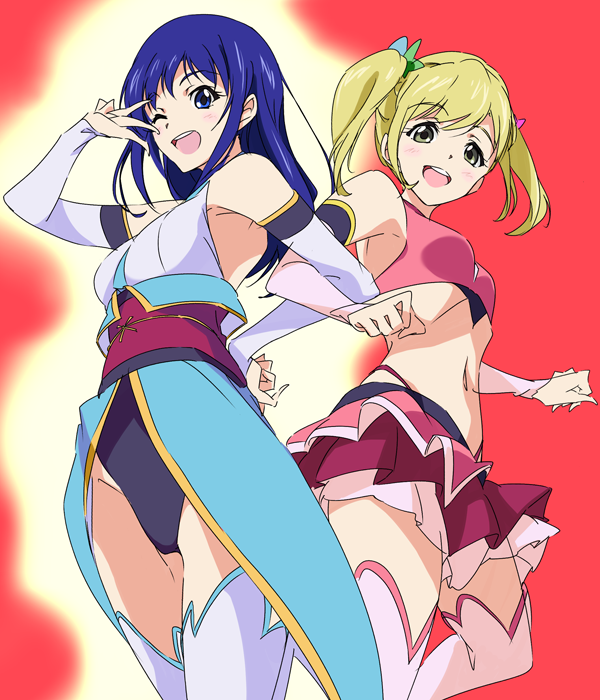 2girls angel_rose angel_rose_(cosplay) angel_sapphire angel_sapphire_(cosplay) armpit_peek blonde_hair blue_eyes blue_hair blue_leotard commentary cosplay detached_sleeves green_eyes hand_on_hip highleg highleg_leotard highleg_panties ichimichi_mao kayano_ai layered_skirt leotard locked_arms midriff multiple_girls navel obi one_eye_closed panties rifuta_imu saiki_kusuo_no_psi_nan sash seiyuu_connection teruhashi_kokomi thigh-highs twin_angel twin_angel_break twintails umanosuke underwear v_over_eye white_legwear zettai_ryouiki