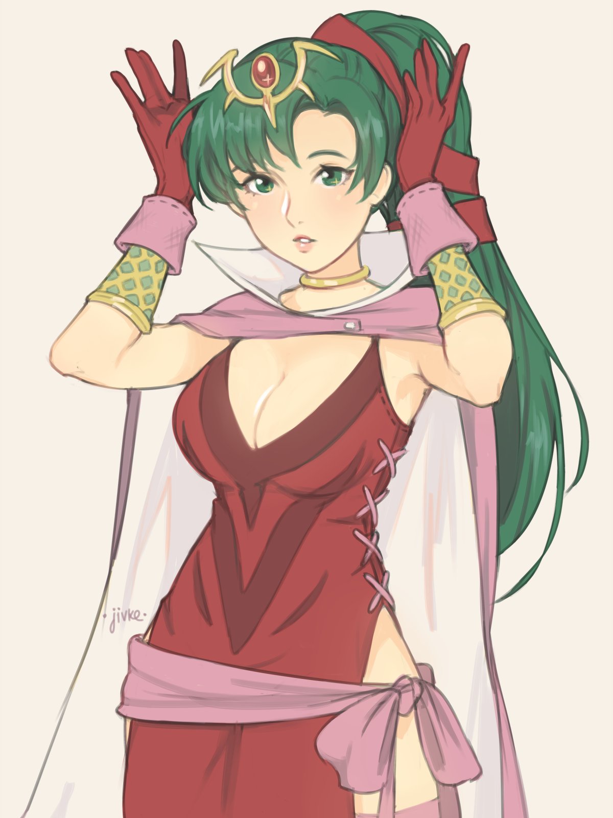 1girl chiki chiki_(cosplay) cosplay dress earrings fire_emblem fire_emblem:_kakusei fire_emblem:_mystery_of_the_emblem fire_emblem:_rekka_no_ken fire_emblem_heroes green_eyes green_hair hair_ribbon high_ponytail highres jewelry jivke long_hair lyndis_(fire_emblem) pelvic_curtain ponytail ribbon