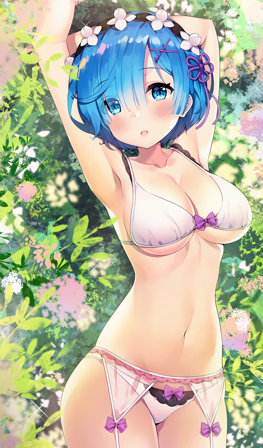 1girl armpits arms_up ayamy bikini blue_eyes blue_hair bow bow_bikini breasts collarbone cowboy_shot flower garter_belt garter_straps hair_ornament hair_over_one_eye hair_ribbon hairband highres looking_at_viewer maid_headdress medium_breasts navel panties_under_garter_belt purple_bow purple_ribbon re:zero_kara_hajimeru_isekai_seikatsu rem_(re:zero) ribbon short_hair solo stomach swimsuit white_bikini x_hair_ornament