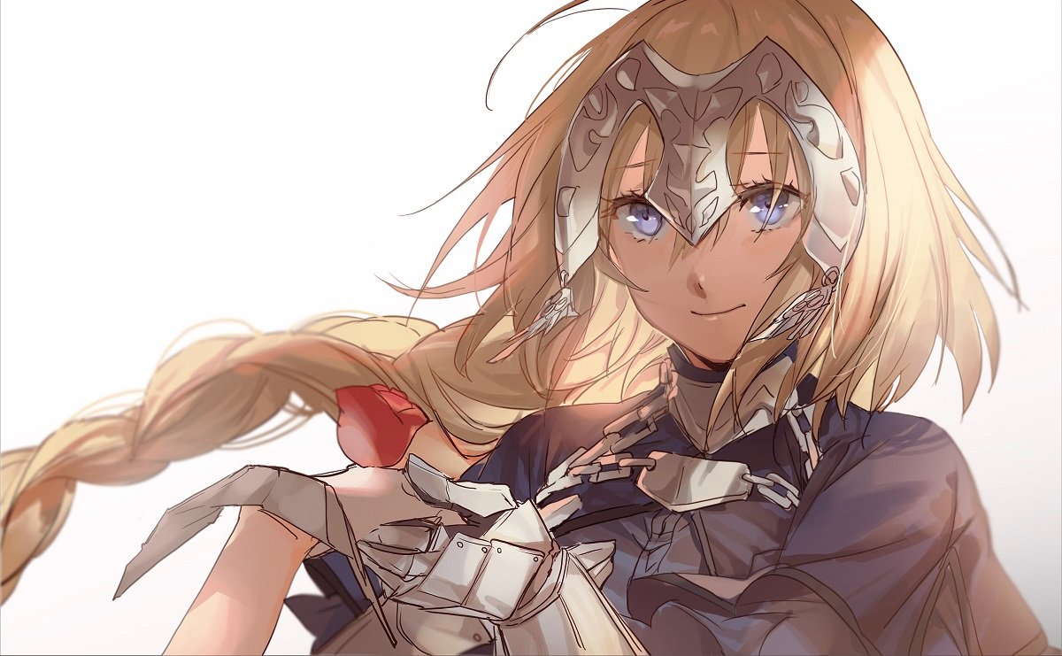 1girl armor blonde_hair blue_eyes fate/apocrypha fate_(series) gauntlets headpiece jeanne_d'arc_(fate) jeanne_d'arc_(fate)_(all) light_smile long_braid long_hair no-kan solo_focus white_background