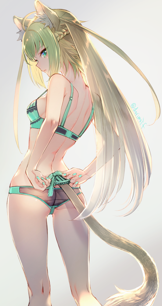 1girl ahoge animal_ears ass atalanta_(fate) blonde_hair bra braid breasts butt_crack fate/apocrypha fate/grand_order fate_(series) from_behind gradient gradient_background green_bra green_eyes green_hair green_panties long_hair looking_back miyuki_ruria multicolored_hair nail_polish panties parted_lips ribbon see-through side_braid sideboob simple_background small_breasts solo strap_gap tail tail_ribbon twitter_username two-tone_hair two_side_up underwear underwear_only