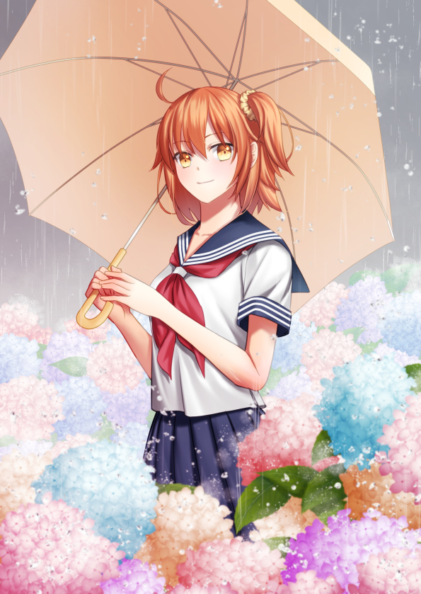 1girl blue_skirt blush clouds cloudy_sky collarbone eyebrows_visible_through_hair fate/grand_order fate_(series) field flower flower_field fujimaru_ritsuka_(female) hair_between_eyes hair_ornament hair_scrunchie holding holding_umbrella looking_at_viewer miniskirt one_side_up orange_hair outdoors pixiv_fate/grand_order_contest_2 pleated_skirt rain sakurai_sakurako school_uniform scrunchie serafuku shirt short_hair short_sleeves skirt sky smile solo standing umbrella white_shirt yellow_eyes yellow_scrunchie