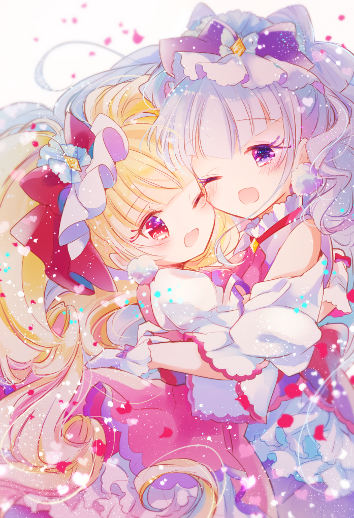 2girls :d aisaki_emiru anni_(9675927) bangs blonde_hair blunt_bangs blush cheek-to-cheek commentary_request cure_amour cure_macherie gloves hair_ornament hug hugtto!_precure lavender_hair long_hair magical_girl multiple_girls open_mouth petals precure red_eyes ruru_amour simple_background smile violet_eyes white_background white_gloves yuri