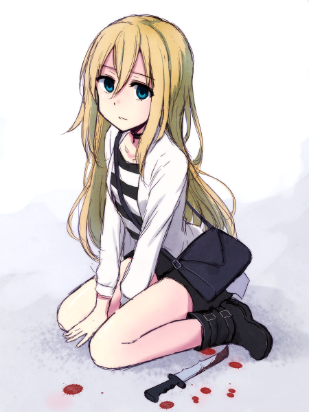 1girl between_legs black_footwear black_shorts blonde_hair bloody_knife blue_eyes boots breasts empty_eyes full_body hair_between_eyes hand_between_legs jacket knife long_hair looking_at_viewer mashayuki rachel_gardner satsuriku_no_tenshi seiza shirt shorts simple_background sitting small_breasts solo striped striped_shirt white_background white_jacket