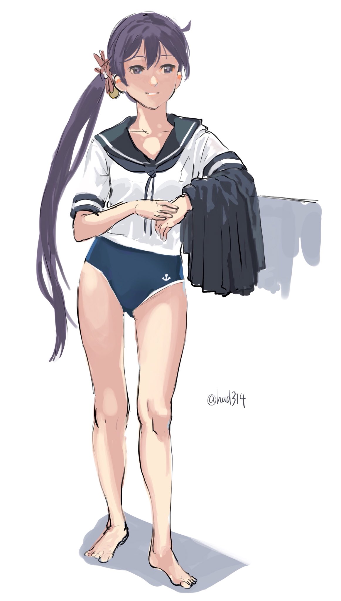 1girl ahoge akebono_(kantai_collection) barefoot bell blue_skirt flower full_body hair_bell hair_flower hair_ornament highres jingle_bell kantai_collection long_hair lynchis no_shoes pleated_skirt purple_hair school_swimsuit school_uniform serafuku short_sleeves side_ponytail simple_background skirt skirt_removed smile solo swimsuit swimsuit_under_clothes twitter_username very_long_hair violet_eyes white_background