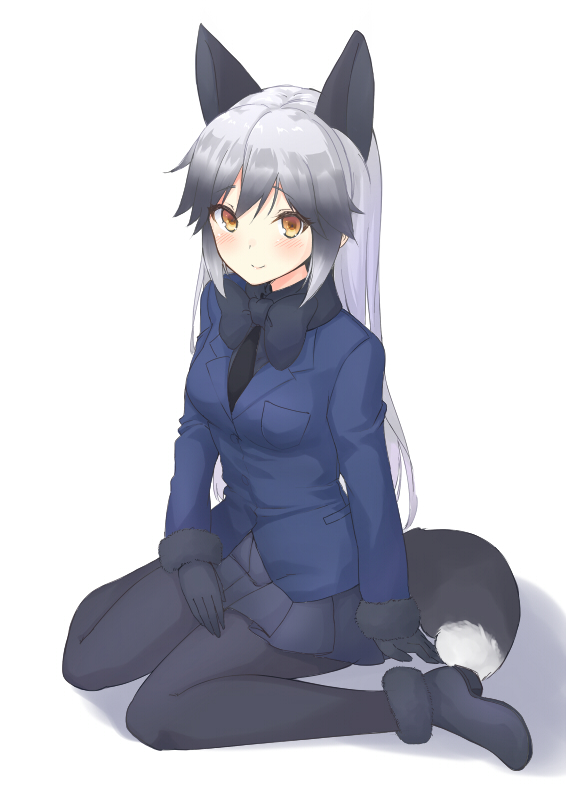 1girl animal_ears ankle_boots bangs black_footwear black_gloves black_legwear black_neckwear black_shirt blue_jacket boots bow bowtie closed_mouth commentary_request dress_shirt fox_ears fox_tail full_body fur-trimmed_boots fur-trimmed_sleeves fur_trim gloves gradient_hair grey_hair jacket kemono_friends long_hair long_sleeves looking_at_viewer multicolored_hair pantyhose shadow shirt silver_fox_(kemono_friends) silver_hair simple_background sitting smile solo tail uro wariza white_background