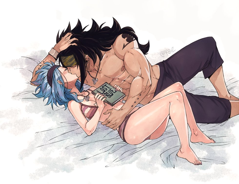 1boy 1girl barefoot bed_sheet bikini black_hair black_shorts blue_hair book breasts cleavage closed_eyes ear_piercing fairy_tail full_body gajeel_redfox hand_on_another's_hip headband holding holding_book jewelry kiss levy_mcgarden long_hair lying medium_breasts nail_polish necklace nose_piercing on_back piercing purple_nails rusky scar shorts signature striped striped_bikini swimsuit toenail_polish very_long_hair