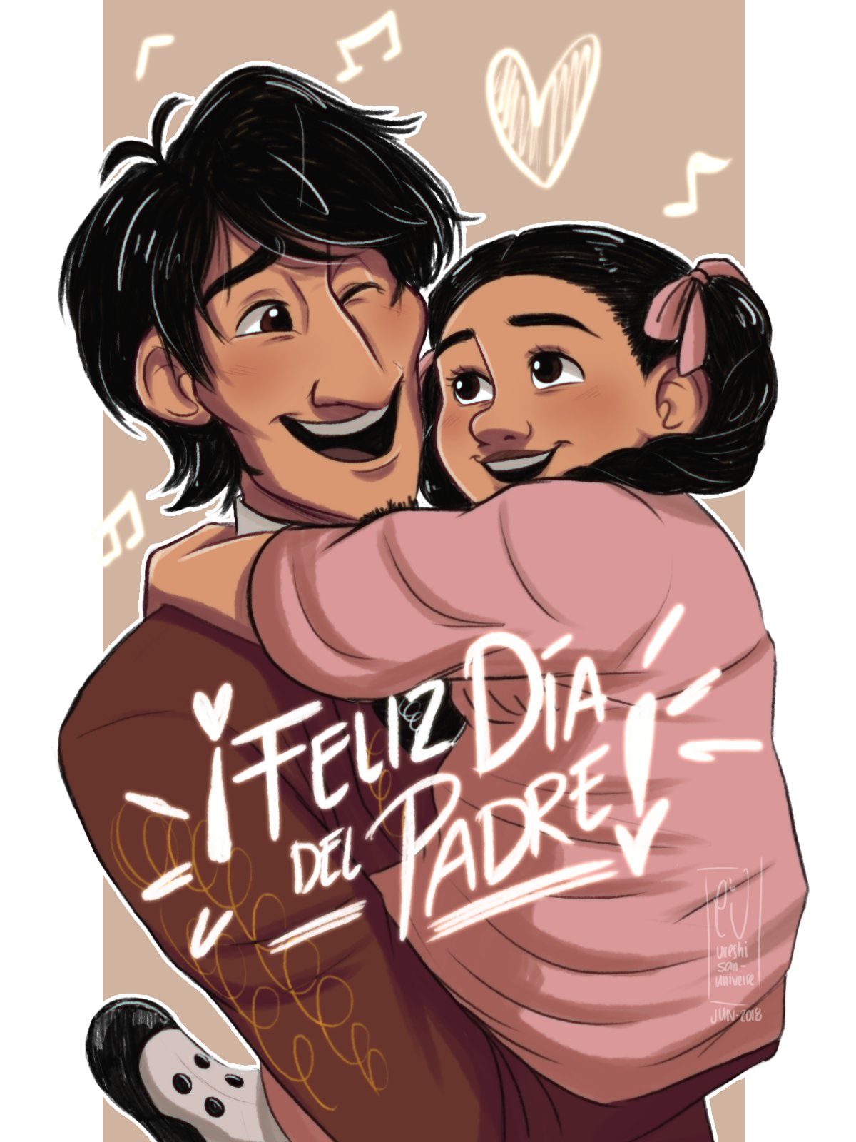 1boy 1girl black_hair bow braid brown_eyes carrying charro child coco_(disney) dark_skin dark_skinned_male disney dress facial_hair father's_day father_and_daughter goatee hector_rivera hector_rivera_(alive) highres jacket mama_coco short_hair skeleton skull smile twin_braids younger