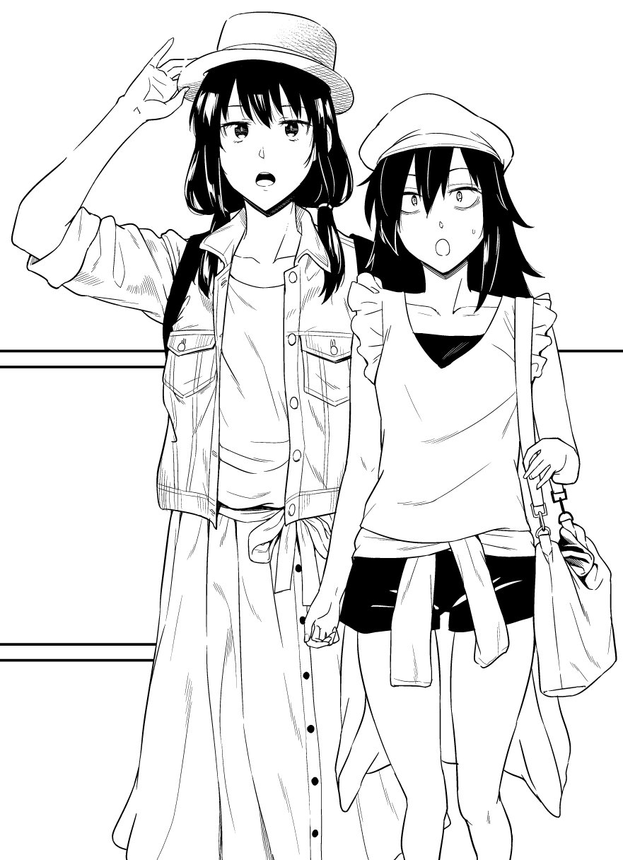 2girls backpack bag bags_under_eyes black_hair casual contemporary hat highres jacket kuroki_tomoko low_twintails multiple_girls origuchi_mizu shorts shoulder_bag tamura_yuri twintails watashi_ga_motenai_no_wa_dou_kangaetemo_omaera_ga_warui!