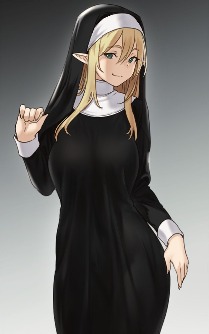 1girl arm_at_side black_dress blonde_hair breasts dress gradient gradient_background green_eyes habit hair_ornament hand_up highres houtengeki large_breasts long_dress long_hair long_sleeves looking_at_viewer nun original pointy_ears sidelocks simple_background smile solo