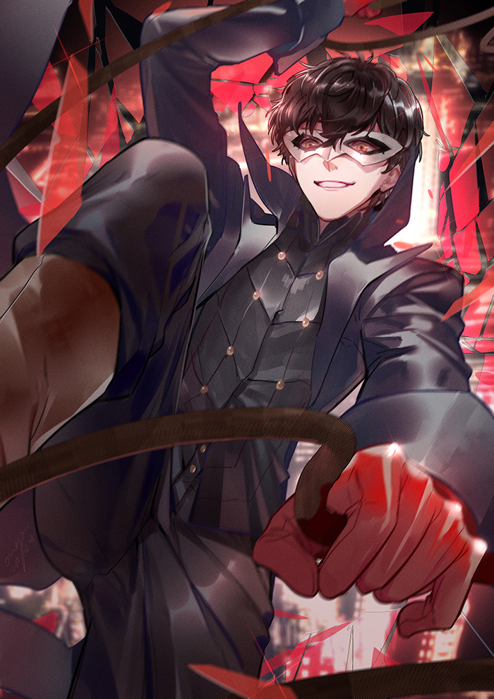 1boy amamiya_ren black_hair ichi_yasushi jacket looking_at_viewer male_focus mask persona persona_5 short_hair smile solo