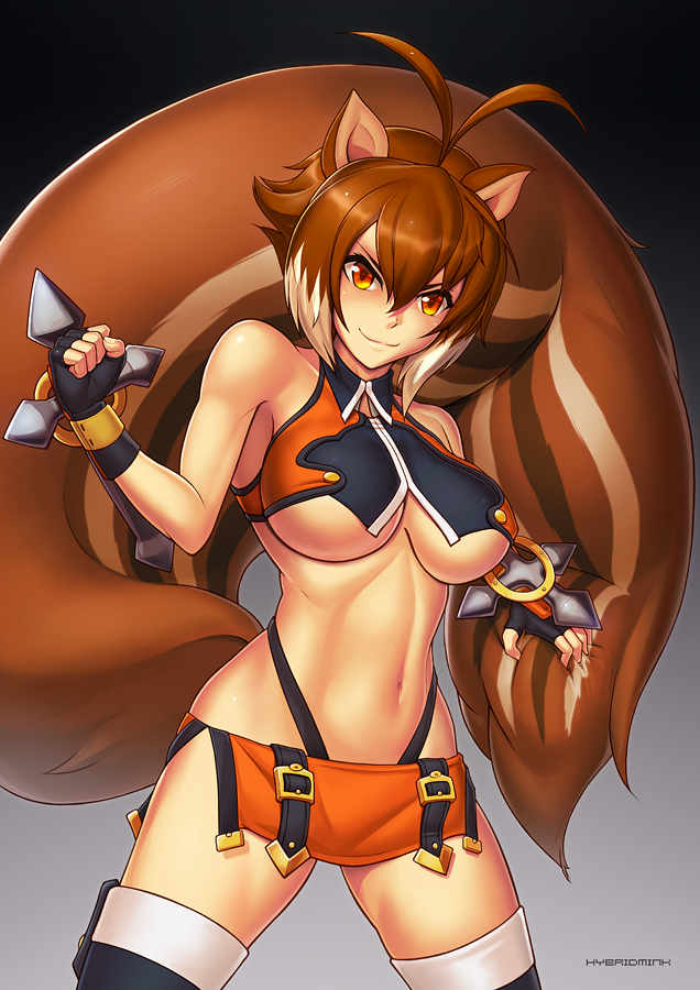 &gt;:) 1girl animal_ears antenna_hair artist_name bare_shoulders black_legwear black_panties blazblue breasts brown_hair clenched_hand cowboy_shot crop_top fighting_stance fingerless_gloves gloves gradient gradient_background highleg highleg_panties holding_own_tail hybridmink large_breasts looking_at_viewer makoto_nanaya microskirt multicolored_hair navel orange_eyes orange_skirt panties pelvic_curtain revealing_clothes short_hair skirt solo squirrel_ears squirrel_tail standing tail thigh-highs tonfa two-tone_hair under_boob underwear weapon