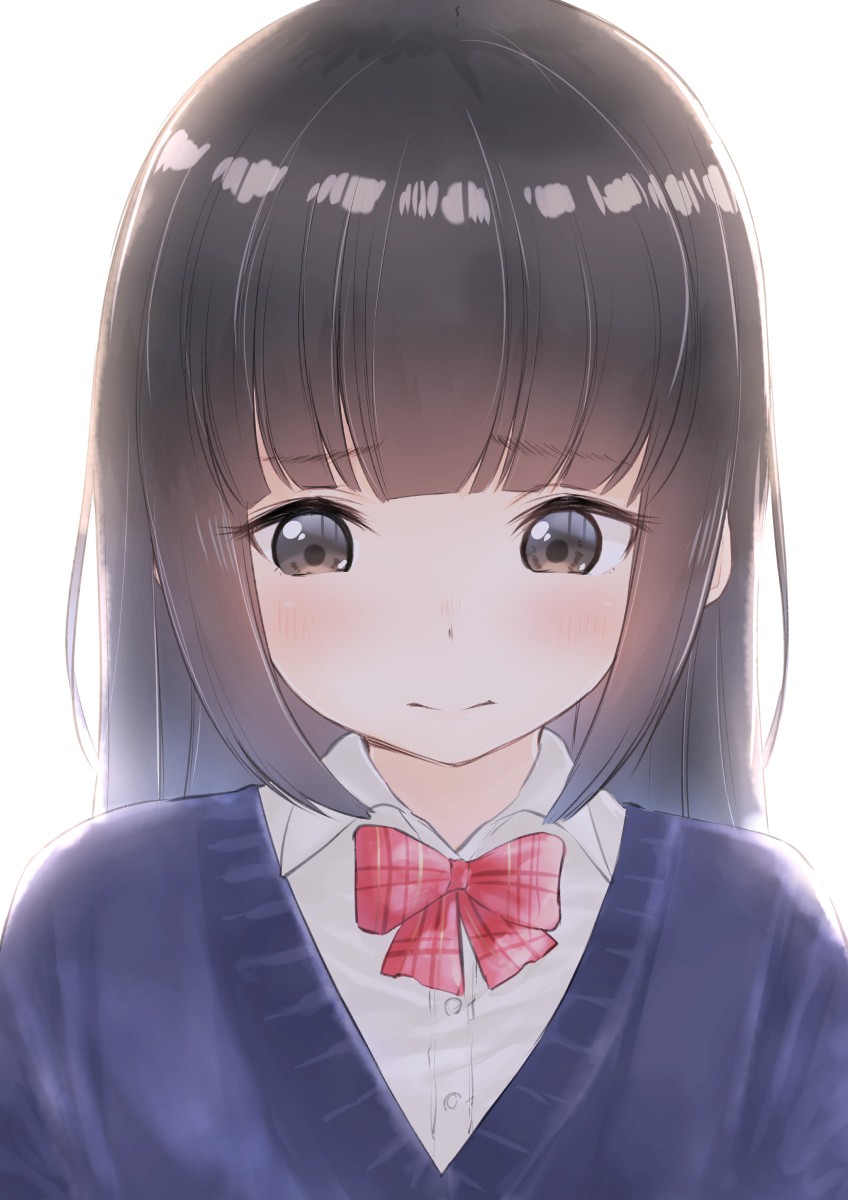 1girl blush bow bowtie brown_eyes brown_hair closed_mouth collared_shirt commentary_request eyebrows_visible_through_hair highres long_hair looking_down original red_neckwear shirt simple_background solo upper_body white_background white_shirt wing_collar yuki_arare