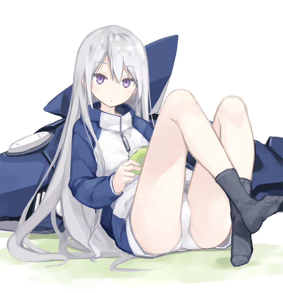 1girl :&lt; ass bangs black_legwear closed_mouth commentary_request eyebrows_visible_through_hair game_console grey_hair holding jacket jpeg_artifacts legs_up long_hair long_sleeves looking_at_viewer no_shoes original panties poco_(asahi_age) sitting socks solo underwear very_long_hair violet_eyes white_background white_panties zipper