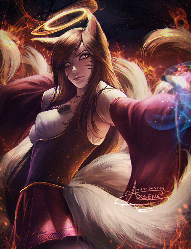 1girl ahri alexandra_mae animal_ears bead_necklace beads breasts brown_hair eyeliner facial_mark fire foreshortening fox_ears fox_girl fox_tail from_side halo jewelry league_of_legends lips makeup medium_breasts multiple_tails nail_polish necklace signature slit_pupils solo tail underbust watermark web_address whisker_markings wide_sleeves yellow_eyes