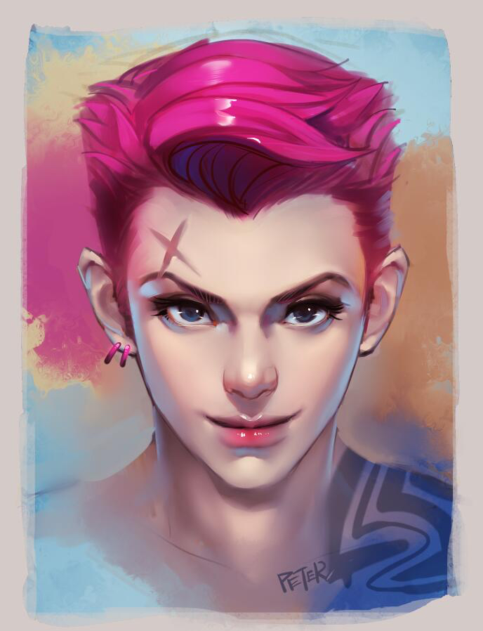 1girl artist_name blue_eyes closed_mouth eyelashes face jewelry lips looking_at_viewer nose overwatch peter_xiao pink_hair portrait realistic scar short_hair single_earring solo tattoo undercut upper_body zarya_(overwatch)