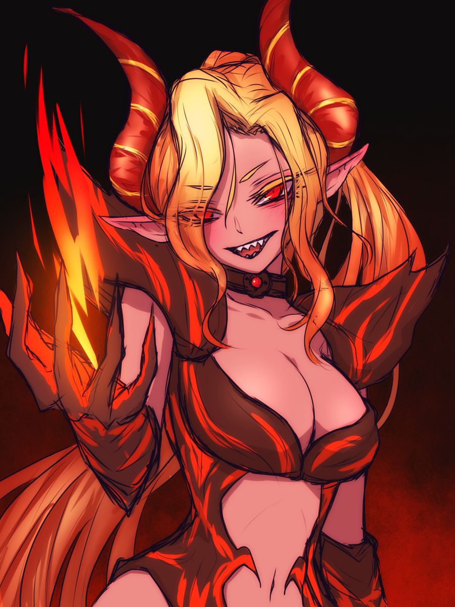 1girl :d black_background black_collar blonde_hair blush breasts character_request cleavage collar collarbone colored_eyelashes copyright_request eyebrows_visible_through_hair eyes_visible_through_hair fire flame gradient gradient_background hair_between_eyes hair_over_one_eye hand_up head_tilt highres horn large_breasts looking_at_viewer miata_(miata8674) navel open_mouth pointy_ears ponytail red_background red_eyes sharp_teeth sidelocks smile solo teeth upper_body