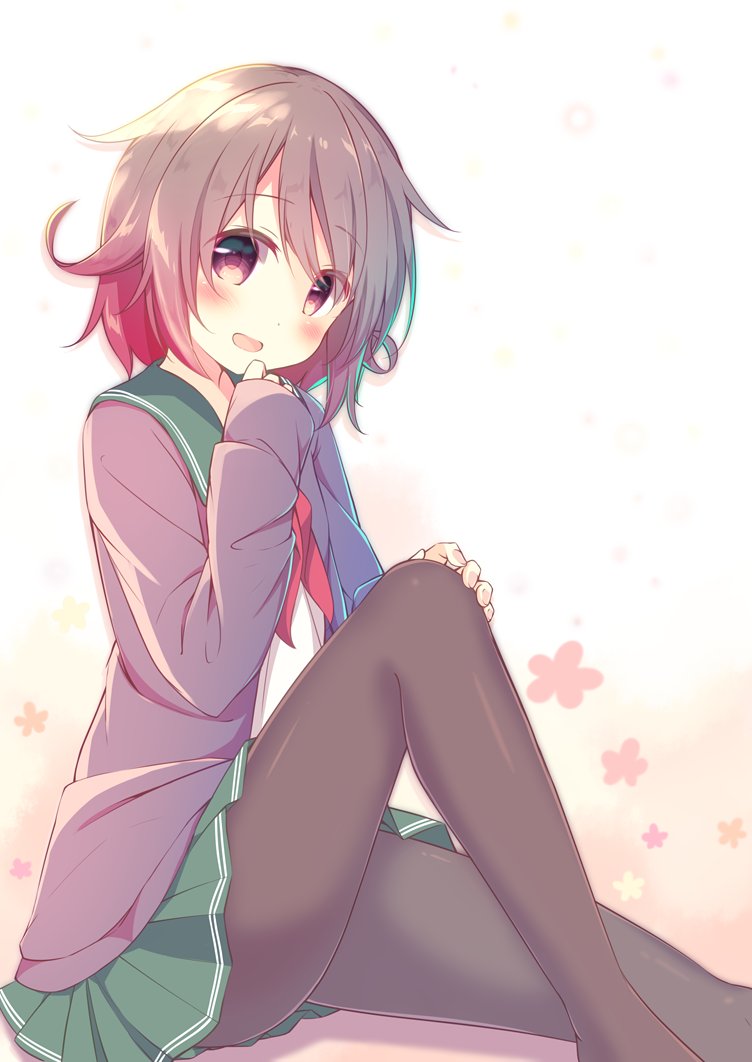 1girl black_legwear blush brown_hair eyebrows_visible_through_hair flower gradient_hair green_skirt hand_on_own_cheek hand_on_own_knee jacket kantai_collection kyado_(amaterasu) looking_at_viewer multicolored_hair mutsuki_(kantai_collection) neckerchief open_mouth pantyhose pleated_skirt red_neckwear redhead remodel_(kantai_collection) school_uniform serafuku short_hair simple_background sitting skirt solo white_background