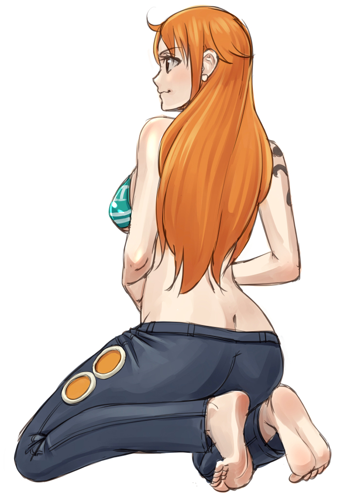 1girl barefoot breasts butt_crack denim earrings easy_(aqk7bdqt) error full_body green_bikini_top jeans jewelry large_breasts long_hair nami_(one_piece) one_piece orange_hair pants profile simple_background smile soles solo white_background